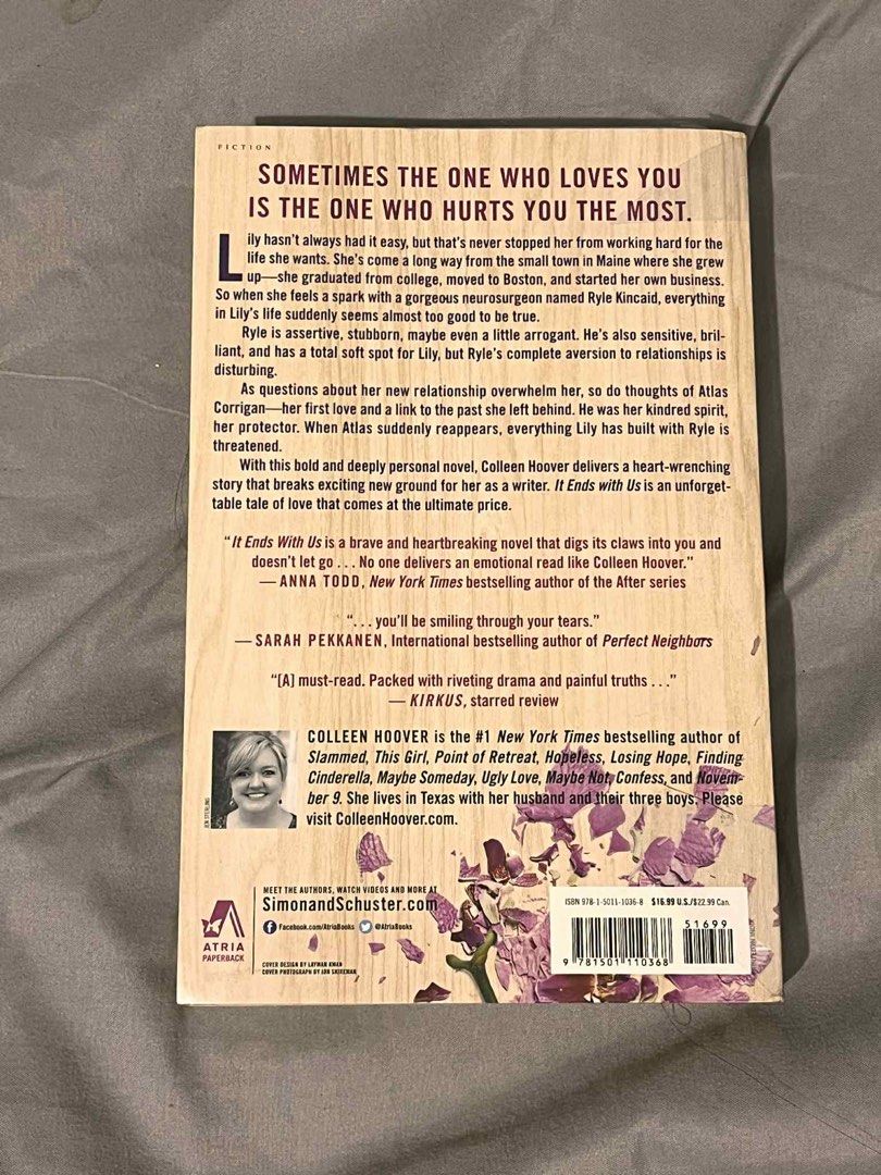 It ends with us by Colleen Hoover (Category: Storybooks) located in Taguig. Submitted by japl_ (Listing ID 1390114870, Image 3). Description: PRELOVED BOOKS FOR SALE ✧༺༻✧ ｡･ﾟﾟ･It ends with us by Colleen Hoover･ﾟﾟ･｡ - Good condition 300 php ✧༺༻✧ Loc: taguig MOD: JNT/Lalamove MOP: Gcash .
