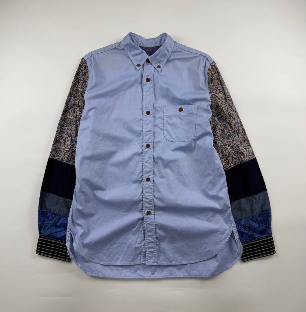 Junya Watanabe Patchwork Sleeve Shirt (Category: Formal Shirts) located in Paranaque City. Submitted by _baclarancartel (Listing ID 1390214737, Image 1). Description: Junya Watanabe Patchwork Sleeve Shirt Sz Large 9/10 Condition Minor stain, need wash Width: 21.5 Front Length: 29 Back Length: 30.5 Shoulder: 17 Sleeve: 26.