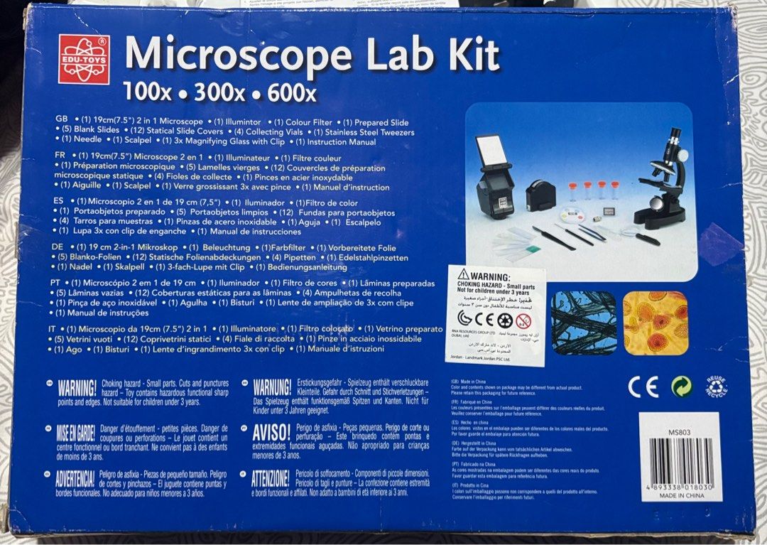 Microscope Lab Kit for Kids 8+ (Category: Educational & Learning Toys) located in Los Banos. Submitted by _loopee27 (Listing ID 1390147678, Image 2). Description: Complete Microscope Lab Kit for Kids (8+ years) Perfect for budding scientists! This set is never used, only the box has minor creases on the edges. Includes: • 19cm 2-in-1 Microscope • Illuminator & Colour Filter • 1 Prepared Slide + 5 Blank Slides • 12 Slide Covers • 4 Collecting Vial