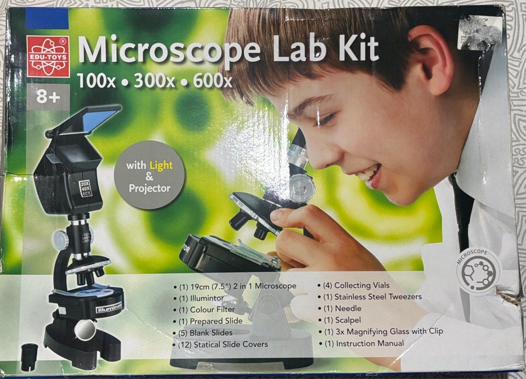 Microscope Lab Kit for Kids 8+ (Category: Educational & Learning Toys) located in Los Banos. Submitted by _loopee27 (Listing ID 1390147678, Image 1). Description: Complete Microscope Lab Kit for Kids (8+ years) Perfect for budding scientists! This set is never used, only the box has minor creases on the edges. Includes: • 19cm 2-in-1 Microscope • Illuminator & Colour Filter • 1 Prepared Slide + 5 Blank Slides • 12 Slide Covers • 4 Collecting Vial