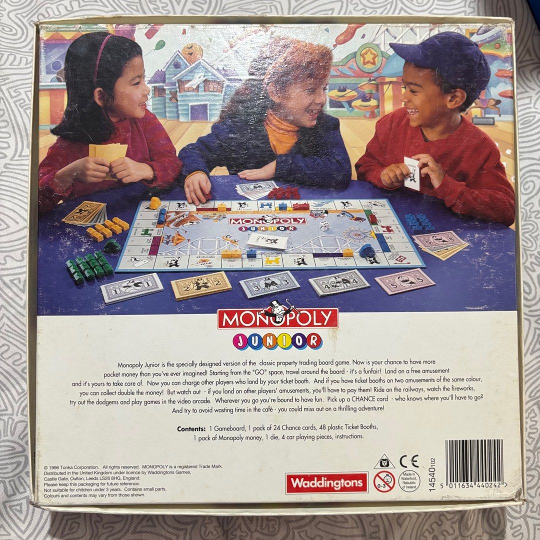 Monopoly Junior – Waddingtons Vintage Edition (Category: Board Games & Puzzles) located in Los Banos. Submitted by _loopee27 (Listing ID 1390118710, Image 2). Description: Monopoly Junior (Waddingtons Edition) A simplified version of the classic Monopoly game, designed for kids ages 5–8. Vintage edition made in Ireland – harder to find compared to modern versions! 📦 Condition: • Used but complete set • Box shows signs of wear, but all components