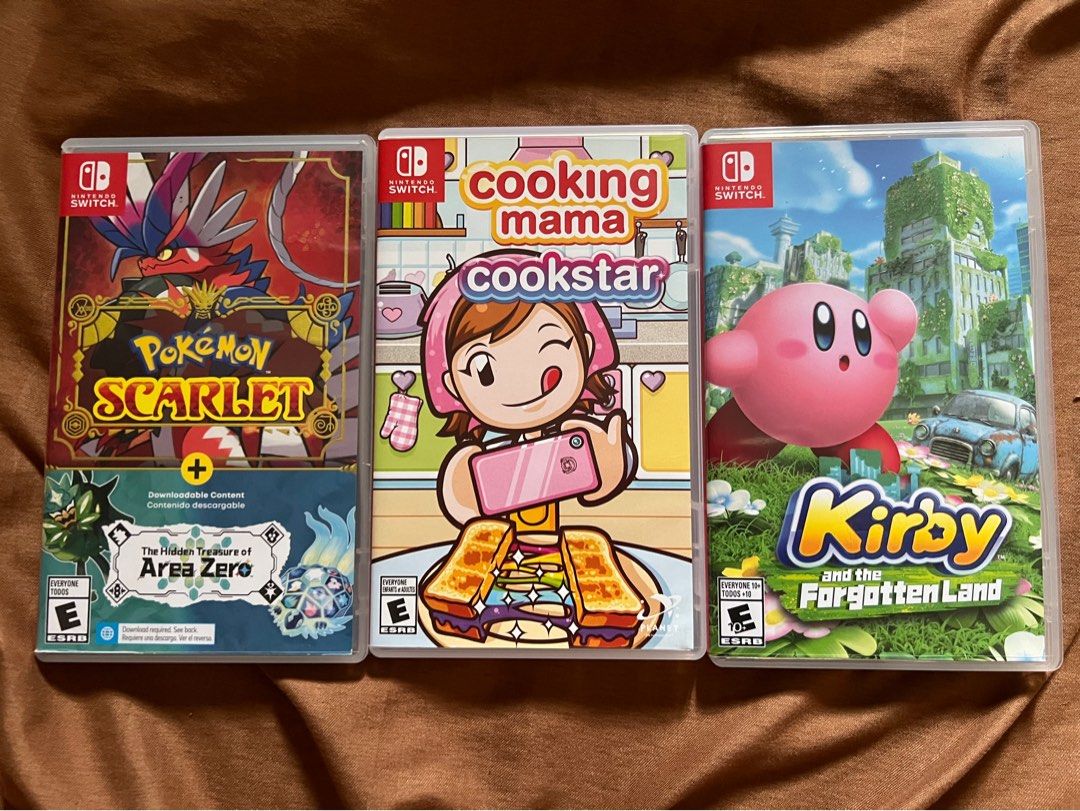 NINTENDO SWITCH GAMES (Category: Nintendo) located in Manila. Submitted by eljrementilla (Listing ID 1390071117, Image 1). Description: Pokemon scarlet area zero- 2600 (SOLD) Cooking Mama- 1700 Kirby and the Forgotten Land-1700- SOLD.