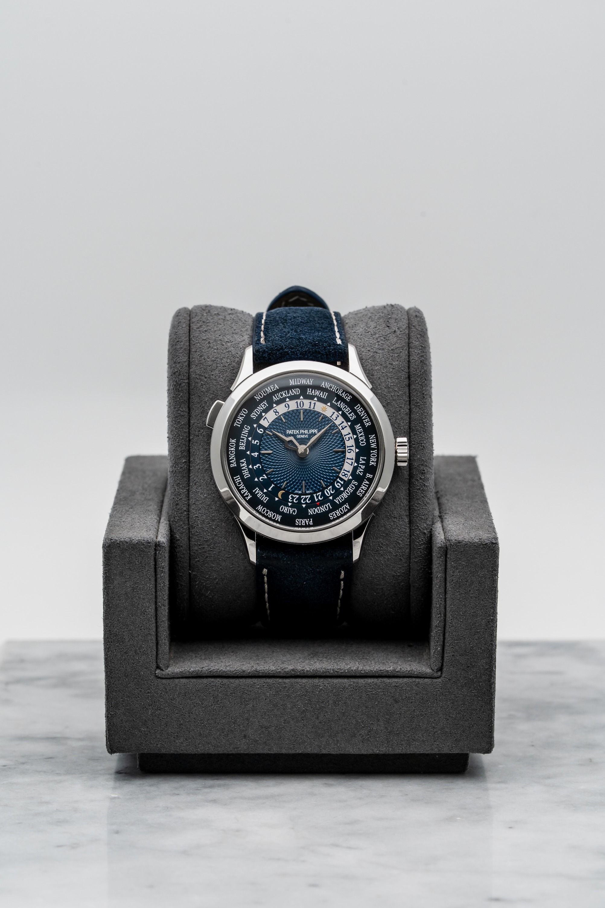 Patek Philippe World Time 5230P-001 Platinum with Blue Guilloché Dial • 2024 • 📦 & 📄 (Category: Watches) located in Singapore. Submitted by timetells (Listing ID 1390125960, Image 1). Description: Brand: Patek Philippe Model: World Time Reference Number: 5230P-001 Year: 2024 Case Size: 38.5mm Case: Platinum Dial: Hand-Guilloché Blue Dial with 24-Hour Day/Night Ring Strap: Blue Calf Leather Strap with Platinum Foldover Clasp Bezel: Polished Plat