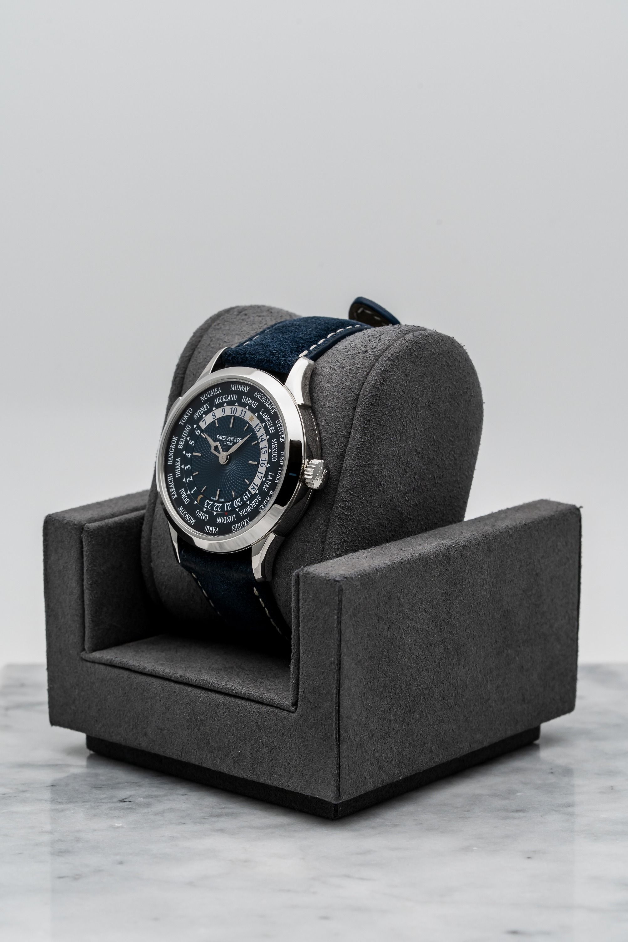 Patek Philippe World Time 5230P-001 Platinum with Blue Guilloché Dial • 2024 • 📦 & 📄 (Category: Watches) located in Singapore. Submitted by timetells (Listing ID 1390125960, Image 2). Description: Brand: Patek Philippe Model: World Time Reference Number: 5230P-001 Year: 2024 Case Size: 38.5mm Case: Platinum Dial: Hand-Guilloché Blue Dial with 24-Hour Day/Night Ring Strap: Blue Calf Leather Strap with Platinum Foldover Clasp Bezel: Polished Plat