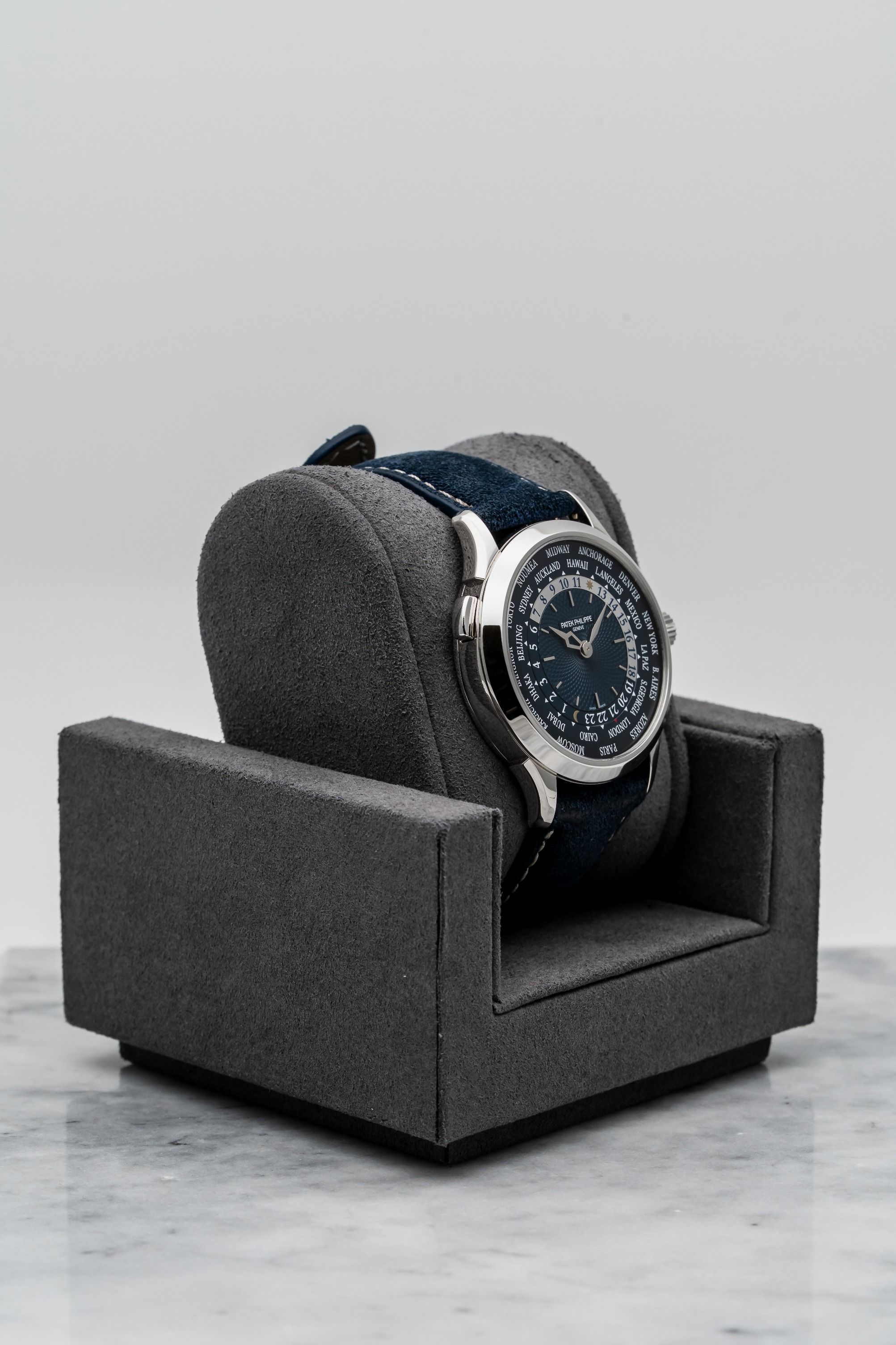 Patek Philippe World Time 5230P-001 Platinum with Blue Guilloché Dial • 2024 • 📦 & 📄 (Category: Watches) located in Singapore. Submitted by timetells (Listing ID 1390125960, Image 3). Description: Brand: Patek Philippe Model: World Time Reference Number: 5230P-001 Year: 2024 Case Size: 38.5mm Case: Platinum Dial: Hand-Guilloché Blue Dial with 24-Hour Day/Night Ring Strap: Blue Calf Leather Strap with Platinum Foldover Clasp Bezel: Polished Plat
