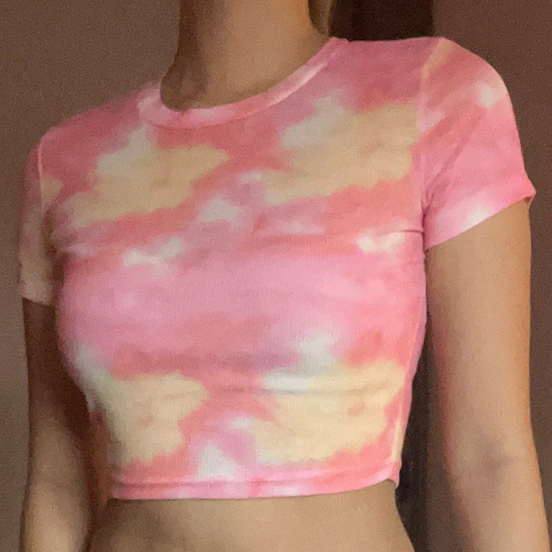 Pink tie-dye cropped top (Category: Shirts) located in San Juan City. Submitted by lemoncakes1 (Listing ID 1390120465, Image 1). Description: Fits XS-S.