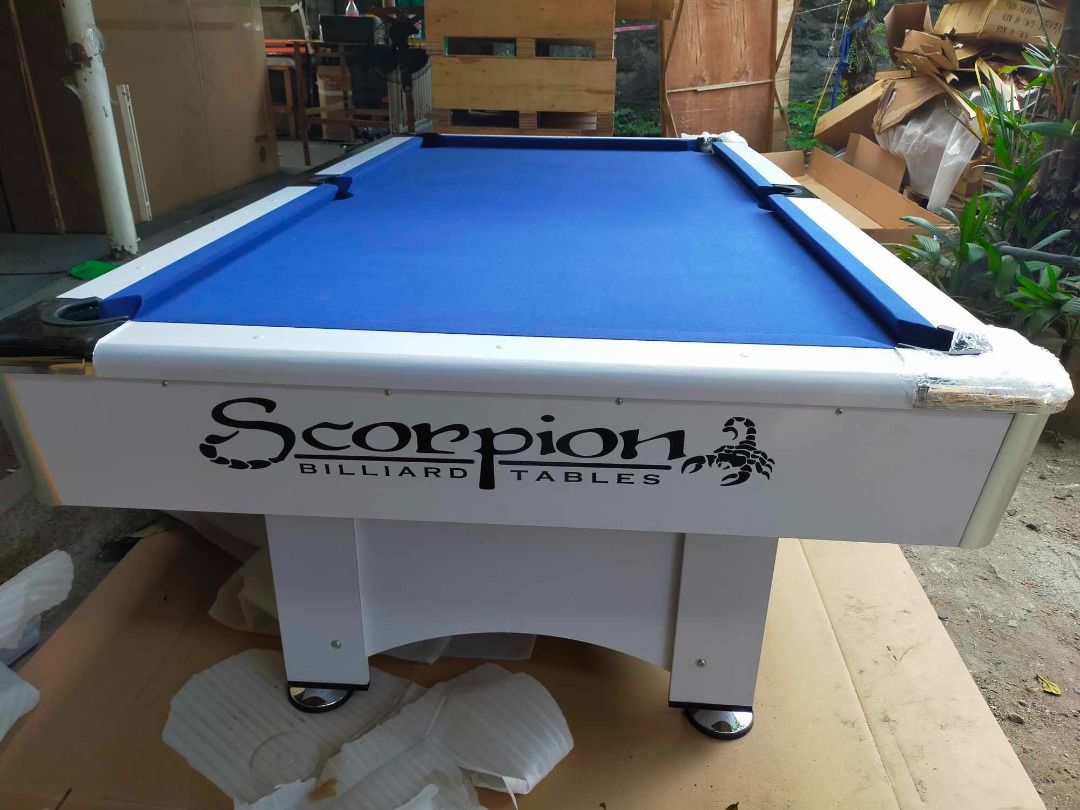 SCORPION 4X8 BILLIARD TABLE WITH RACK (Category: Billiards and Bowling) located in San Pablo. Submitted by vennisa.sportssupplies (Listing ID 1390085070, Image 3). Description: FOR SALE 4X8 FT SCORPION BILLIARD TABLE with RACK (WHITE) PHP 50,000 ONLY! SPECS: * Junior Size * MDF (Medium-density fiber) * Autoball ACCESSORIES INCLUDED: ✅2 TAKO/CUE STICK ✅1 SET TAIWAN BILLIARD BALL ✅1 PLASTIC TRIANGLE ✅2 CUE CHALK ✅1 TABLE BRUSH ACCEPTED PAYMENT METH