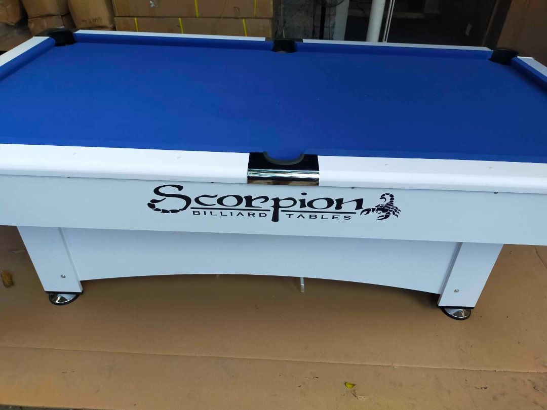 SCORPION 4X8 BILLIARD TABLE WITH RACK (Category: Billiards and Bowling) located in San Pablo. Submitted by vennisa.sportssupplies (Listing ID 1390085070, Image 2). Description: FOR SALE 4X8 FT SCORPION BILLIARD TABLE with RACK (WHITE) PHP 50,000 ONLY! SPECS: * Junior Size * MDF (Medium-density fiber) * Autoball ACCESSORIES INCLUDED: ✅2 TAKO/CUE STICK ✅1 SET TAIWAN BILLIARD BALL ✅1 PLASTIC TRIANGLE ✅2 CUE CHALK ✅1 TABLE BRUSH ACCEPTED PAYMENT METH