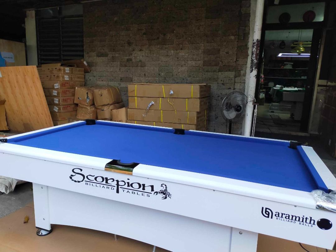 SCORPION 4X8 BILLIARD TABLE WITH RACK (Category: Billiards and Bowling) located in San Pablo. Submitted by vennisa.sportssupplies (Listing ID 1390085070, Image 1). Description: FOR SALE 4X8 FT SCORPION BILLIARD TABLE with RACK (WHITE) PHP 50,000 ONLY! SPECS: * Junior Size * MDF (Medium-density fiber) * Autoball ACCESSORIES INCLUDED: ✅2 TAKO/CUE STICK ✅1 SET TAIWAN BILLIARD BALL ✅1 PLASTIC TRIANGLE ✅2 CUE CHALK ✅1 TABLE BRUSH ACCEPTED PAYMENT METH