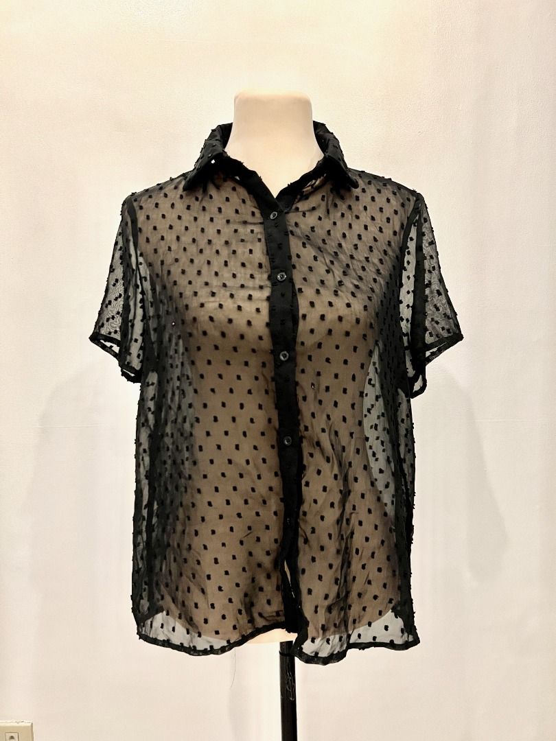 See-through Swiss Dot Chiffon Shirt (Category: Others Tops) located in Quezon City. Submitted by annemargarethh (Listing ID 1390128664, Image 1). Description: Original Shein Top! Oversized fit for XS-S No Issues RFS: Not my style Actual color may vary due to lighting.