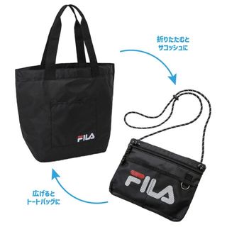 日本 Fila 雜誌附錄 黑色帆布 可摺疊 側咩 斜咩 兩用袋64213022235009110