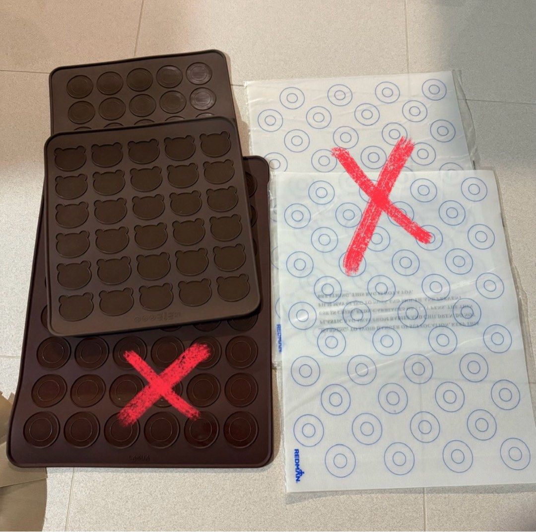 Baking tools (Category: Bakeware) located in Singapore. Submitted by elixiaaa (Listing ID 1359790873, Image 1). Description: Macaron mats - $5 each (Remaining: Bear, Round) Chocolate/Ice Cube Mould - $5 Baking mats - $8 each Cookie cutter - $10 for everything Silicone Dough Kneading Mat (Brand new) - $10 Pastry Cutter/Dough Blender - $10 Piping Tip (Wilton 2B, 10, 109) - $4 each Piping Tip (Assorted) - $2 each.