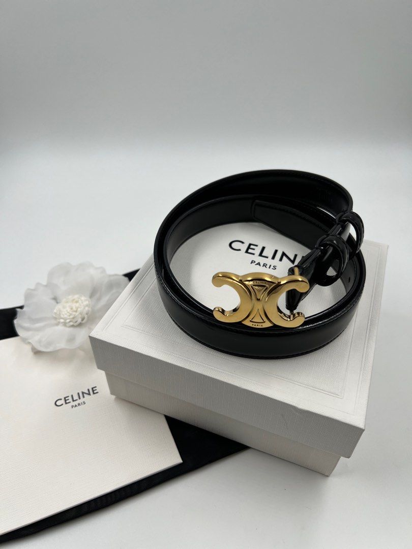 ⚜️Celine Triomphe black belt (Category: Luxury Accessories) located in Makati City. Submitted by 90sangel (Listing ID 1391899947, Image 1). Description: •Item: Celine Triomphe belt •Size: 70-110cm 1" width •Condition: Excellent! as New! *This includes original box, dustbag cards & a bonus of paperbag 🤍.