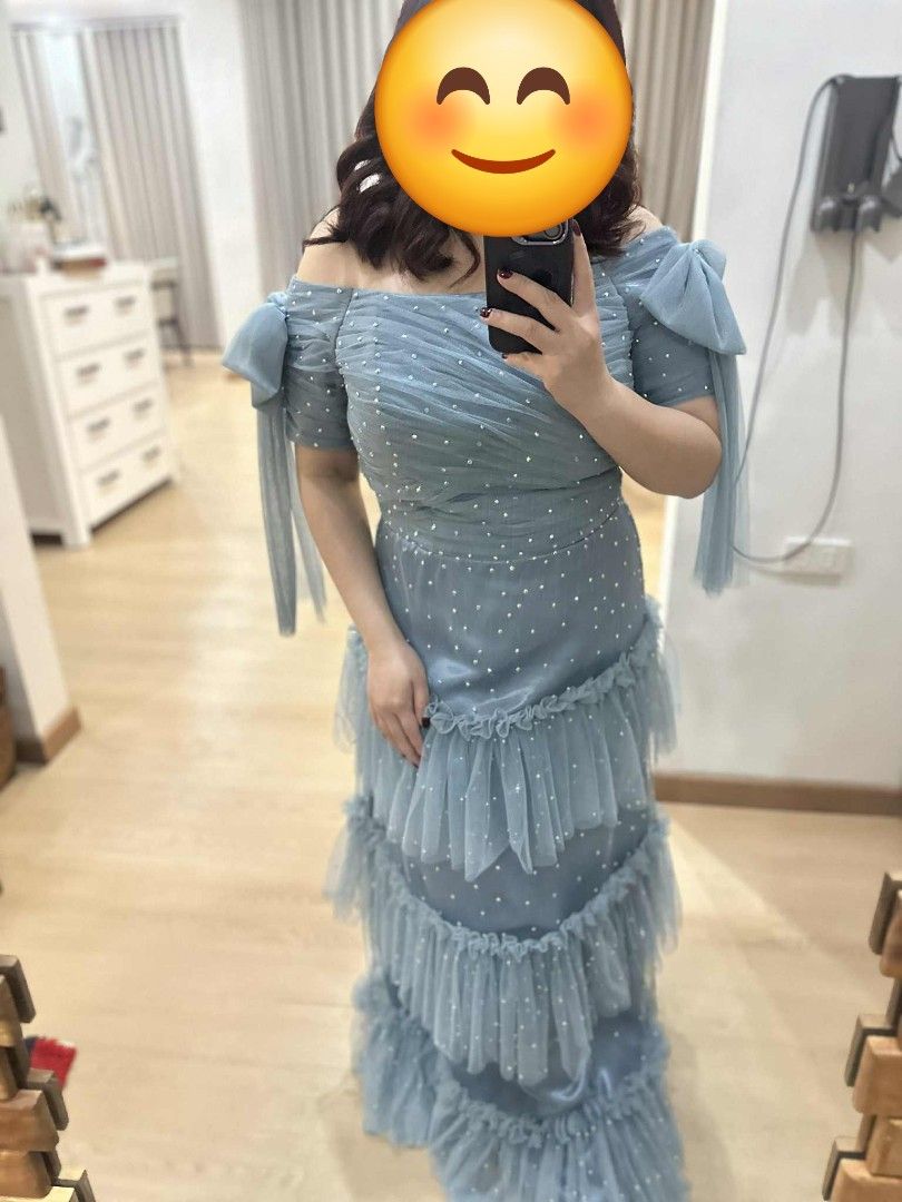 Dusty Blue Tulle Gown (Category: Evening dresses & gowns) located in Makati City. Submitted by dreyga (Listing ID 1391923225, Image 1). Description: Dusty Blue Tulle Gown with Swarovski | Maid of Honor/ Bridesmaid/ Debut Off Shoulder Gown 📌Perfect for Maid of Honor/ Bridesmaid/ Debut/ Special Occasion 📌Can fit M-XL 📌Adjustable back and padded 📌Custom-made, unique design ❤️ You’ll definitely stand out ✨ 📌With Swarovski crystals which makes it