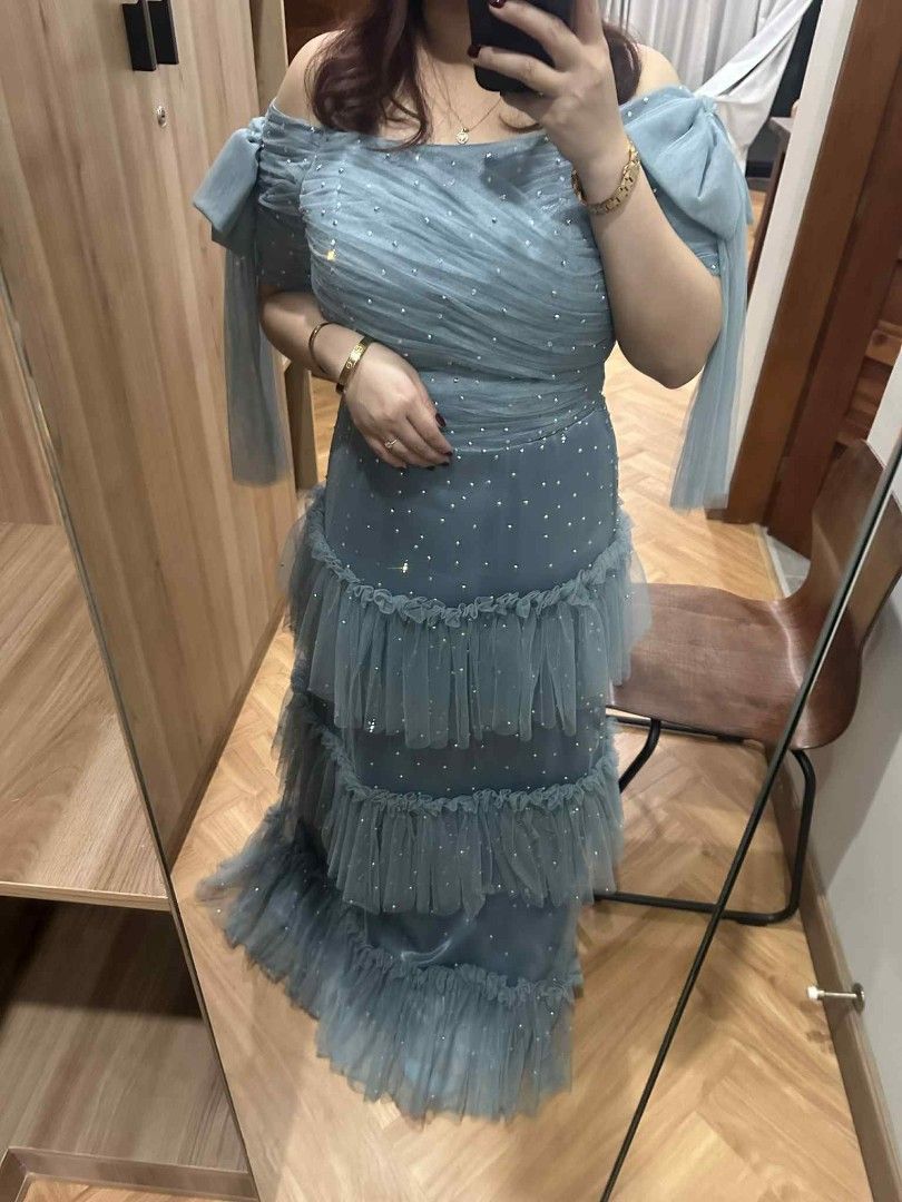 Dusty Blue Tulle Gown (Category: Evening dresses & gowns) located in Makati City. Submitted by dreyga (Listing ID 1391923225, Image 3). Description: Dusty Blue Tulle Gown with Swarovski | Maid of Honor/ Bridesmaid/ Debut Off Shoulder Gown 📌Perfect for Maid of Honor/ Bridesmaid/ Debut/ Special Occasion 📌Can fit M-XL 📌Adjustable back and padded 📌Custom-made, unique design ❤️ You’ll definitely stand out ✨ 📌With Swarovski crystals which makes it