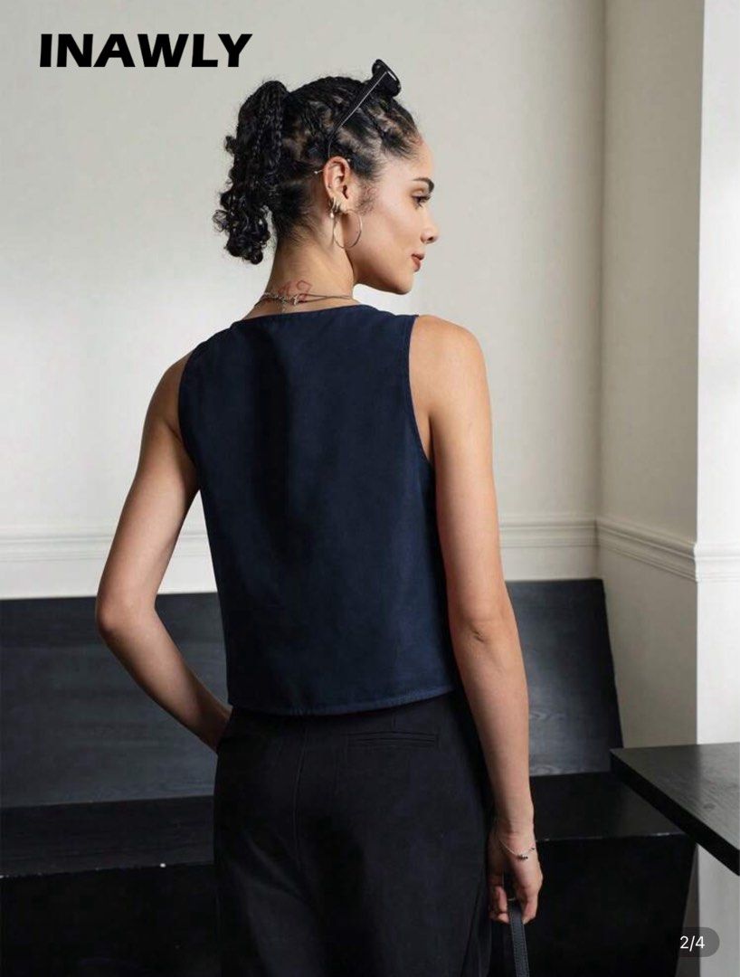 Shein Dark Blue Front Tie Sleeveless Top (Category: Sleeveless) located in Marikina City. Submitted by declutteringera (Listing ID 1391888760, Image 2). Description: - size L - fits up to 36" bust since it's loose - in excellent condition; used only once RFS: decluttering.