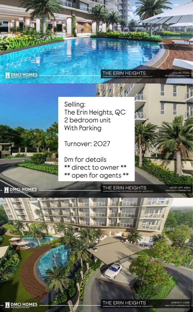 The Erin Heights 2BR UNIT OCTOBER 2027 (Category: Apartments & Condos) located in Manila. Submitted by galaxyph (Listing ID 1391900834, Image 1). Description: FOR SALE❗️ 58.50 SQM 2-BEDROOM with Balcony FACING MORNING SUN & ANTIPOLO MOUNTAINS Turn over: OCT 2027 2BR UNIT w/ BALCONY + PARKING Direct to Owner .