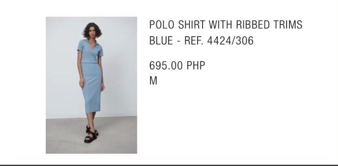 Zara Blue Ribbed Polo Shirt (Category: Shirts) located in San Pedro. Submitted by mcnby (Listing ID 1391850728, Image 2). Description: • Original Zara (bought from app for 695php) • Size: Medium • Color change due to lighting (pls refer to zara screenshort for better reference) • NEVER been worn • RFS: an impulse buy, not my style • Negotiable (message me).