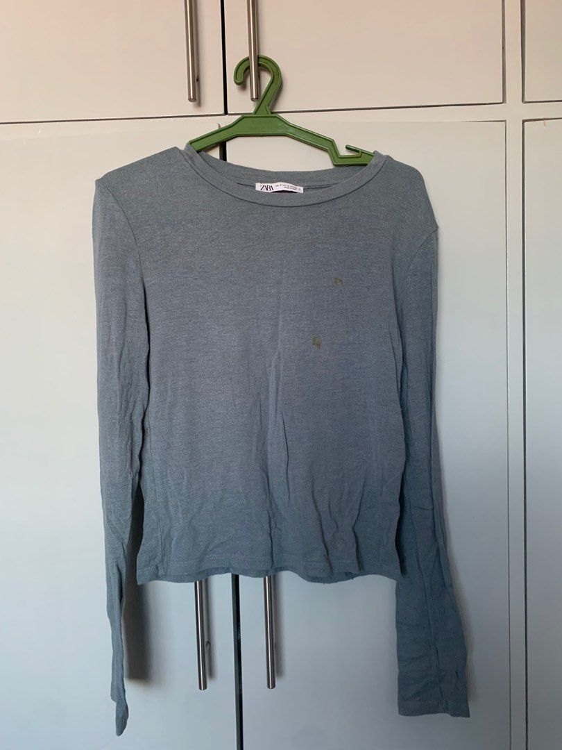 ZARA Long Sleeve Top (Blue-Grey) (Category: Longsleeves) located in Biliran. Submitted by wekeepitcircular (Listing ID 1391771760, Image 1). Description: Has visible stains in front (see photo) not sure if they’ll wash out. Letting go cheap..