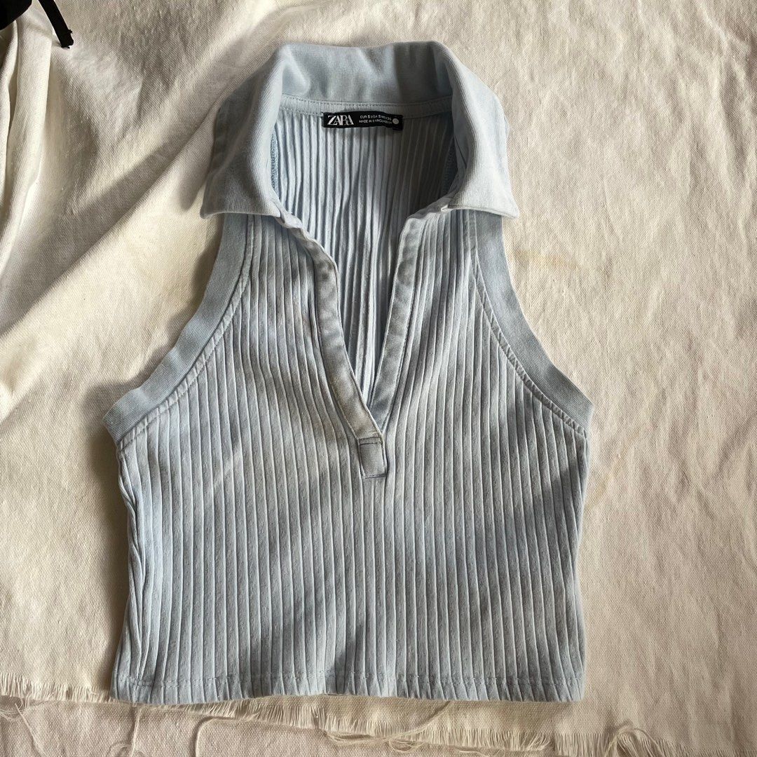 Zara ribbed collar blue top (Category: Sleeveless) located in Santa Rosa. Submitted by jamrose (Listing ID 1391798121, Image 2). Description: Xs-s No flaws.