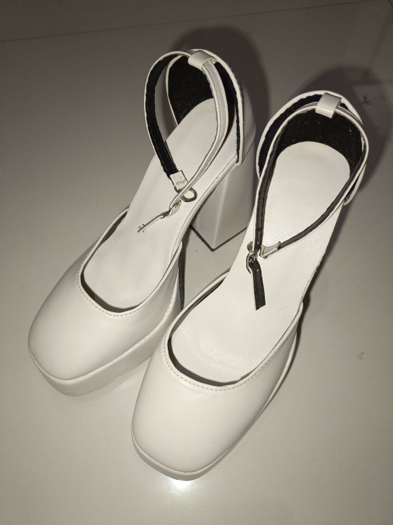 12cm White Leather (Mary Jane) Shoes (Category: Heels) located in Manila. Submitted by raklesi (Listing ID 1391976149, Image 3). Description: SIZE 38 - 23.5cm Heels height: Almost 5 in/ 12cm (check photos) Selling this preloved shoes of mine! Great for special occasions. Check photos for the actual condition. Worn once, and good as new pa. SRP: 450.00 NO TO LOWBALLERS. MOD: will shipped thru J&T, and usually one day bago ma-receive. MOP: Gcash | 