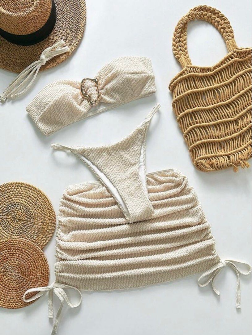 Beachwear summer outfit (set) (Category: Bikinis & Swimsuits) located in Valenzuela. Submitted by she.reyes (Listing ID 1392112343, Image 1). Description: ‼️‼️BRAND NEW SWIMSUIT‼️‼️ 📌Beachwear outfit 3pcs set 📌 fit to XS-Small 📌 stretchable 📌 removable chest pad 📌 apricot color 📌 lakas maka sexy 📌 Free anklet & necklace Pm if interested. Will send actual picture.