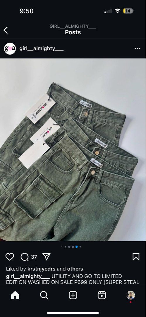 Cargo Pants / Utility Pants from GIRL ALMIGHTY (Category: Jeans) located in Valenzuela. Submitted by _avyyyy (Listing ID 1392103614, Image 2). Description: Cargo Pants from GIRL ALMIGHTY · Bought from their IG. · Never been used!! Sinukat lang. · I have oreo and green color. ☆ Waist: 23-24in ☆ Length: 38.5in - with 8 pockets & 1 mini pocket - quality and ang kapal ng tela!! ang bigat!!.