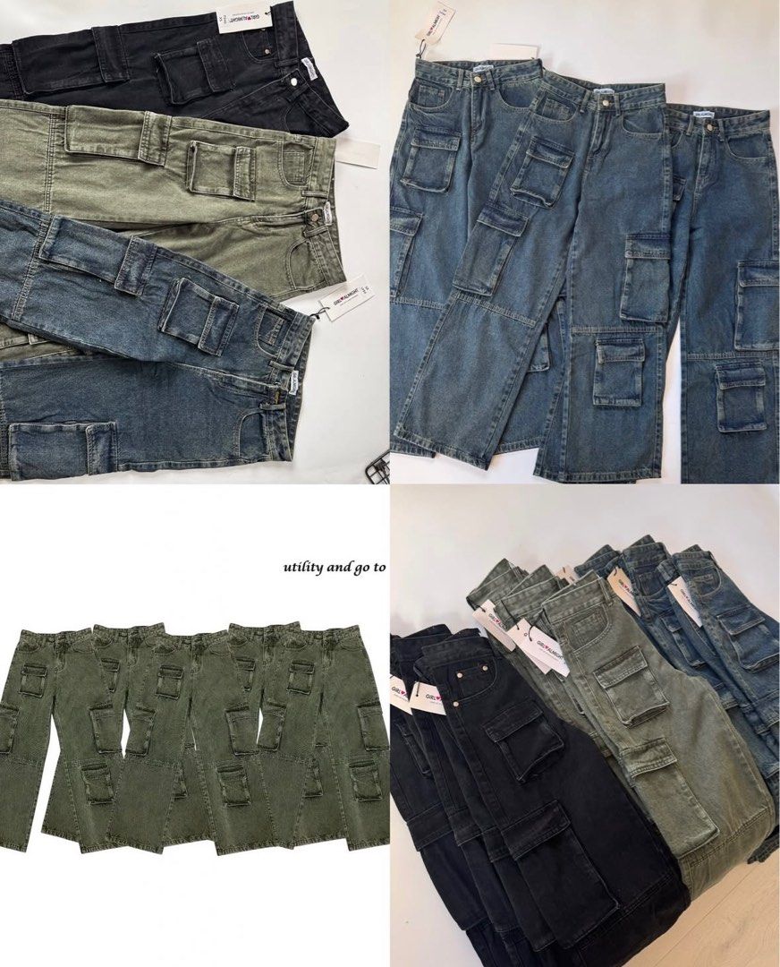 Cargo Pants / Utility Pants from GIRL ALMIGHTY (Category: Jeans) located in Valenzuela. Submitted by _avyyyy (Listing ID 1392103614, Image 3). Description: Cargo Pants from GIRL ALMIGHTY · Bought from their IG. · Never been used!! Sinukat lang. · I have oreo and green color. ☆ Waist: 23-24in ☆ Length: 38.5in - with 8 pockets & 1 mini pocket - quality and ang kapal ng tela!! ang bigat!!.