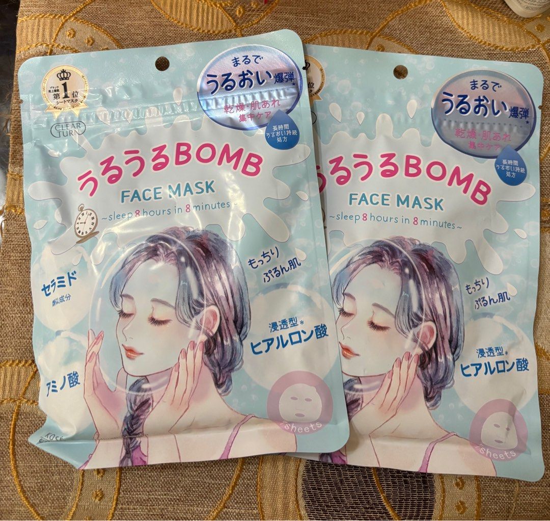 Kose Clear Turn Uruuru Bomb Face Mask (Category: Face Care) located in Batangas. Submitted by jmmac (Listing ID 1392067510, Image 1). Description: - Delivers a burst of long-lasting hydration to alleviate skin dryness, leaving skin nourished in just eight minutes. - Ingredients: Contains hyaluronic acid, amino acid, and algal polysaccharides. - Skin Type: Suitable for all skin types due to its mild and gentle formula..