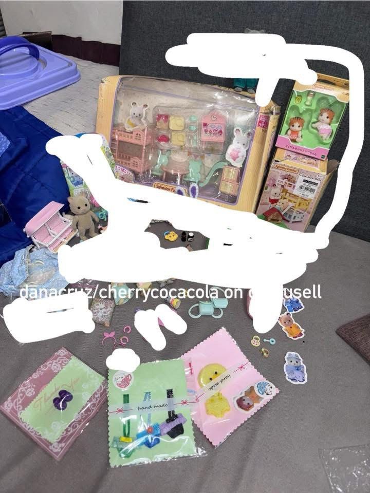 Sylvanian Families Lot (ITEMS LEFT ON LAST SLIDE) (Category: Kids Toys) located in Marikina City. Submitted by cherrycocacola (Listing ID 1391347995, Image 2). Description: Sold (1) : blooming babies silk cat latte & deer, popcorn seal, crawling baby sheep, anniv choco rab, Marguerite bunny, squirrel with customized costume Sold (2): Raccoon, hedgehog toddler hideout set, baby walkie with accessories set, sleeping babies, toddler hat, toddler cam