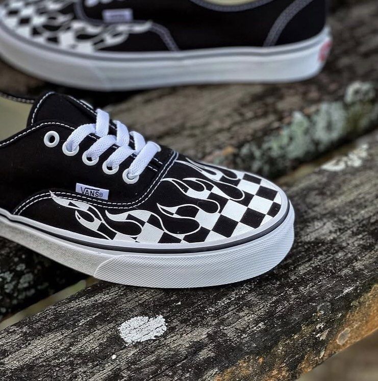 Vans Authentic Checkerboard Flame BlackWhite, Fesyen Pria, Sepatu
