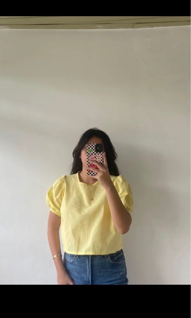 Yellow puff sleeves (Category: Blouses) located in Makati City. Submitted by rocycle (Listing ID 1389899778, Image 1). Description: Puffed sleeves yellow blouse.