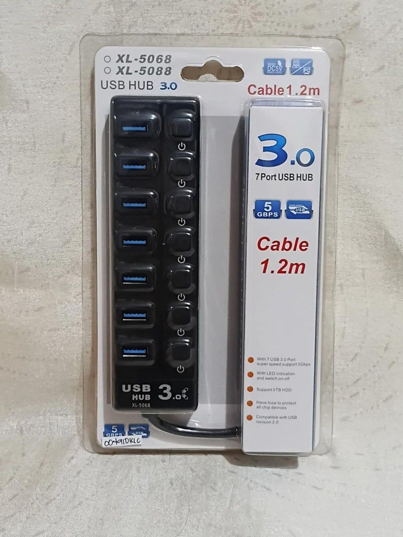 7-Port USB 3.0 Hub with 1.2m Cable - High-Speed Data Transfer (5Gbps) (Category: Electrical, Adaptors & Sockets) located in Manila. Submitted by chinggayg.190 (Listing ID 1392198331, Image 1). Description: 7-Port USB 3.0 Hub with 1.2m Cable - High-Speed Data Transfer (5Gbps) Condition: New Model: XL-5068 / XL-5088 Description: Maximize your connectivity with this 7-port USB 3.0 hub, perfect for expanding your computer’s USB capabilities. It offer