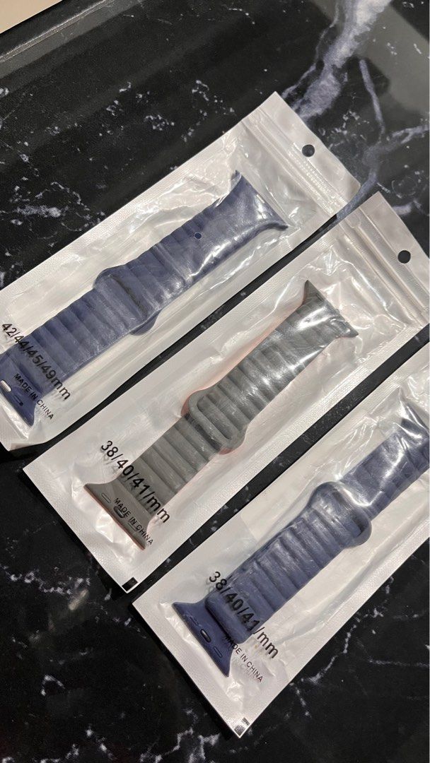 Apple watch strap (Category: Wearables & Smart Watches) located in Imus. Submitted by honisp (Listing ID 1392252781, Image 3). Description: For sale! Apple Watch strap available in 38, 40, 41mm 42, 44, 45, 49mm Brandnew! Available designs: Magnetic strap Php100each Nyloon loop Php80 each Silicon strap Php80 each .