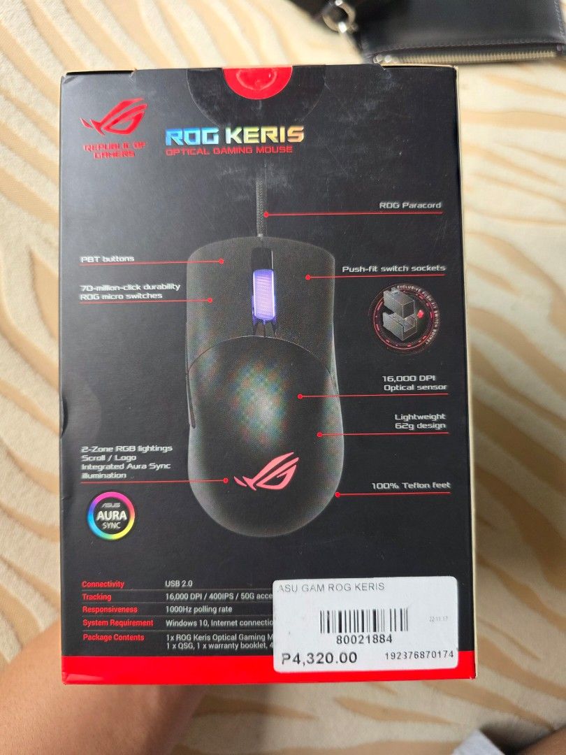 Asus ROG keri mouse (Category: Mouse & Mousepads) located in Las Pinas. Submitted by jhered (Listing ID 1392186384, Image 2). Description: Sale Brandnew Original Sealed Sale for 2800 Las pinas area.