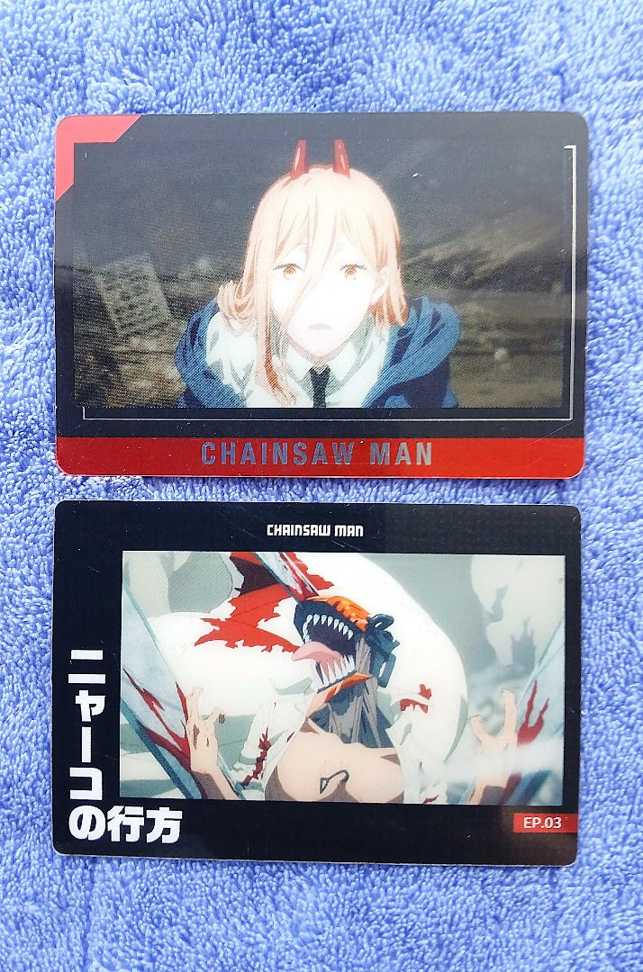 Chainsaw Man Power 2pc Anime Wafer Card Set 1 (Category: Raw Singles) located in Iloilo. Submitted by jrmagallanes78 (Listing ID 1392170392, Image 2). Description: 2 wafer cards are unsealed and in VERY GOOD condition with minor defects/damage and scuffs as seen in images 5-8. 1 card has a warped condition (image 7-8). Anime: Chainsaw Man Character: Power.