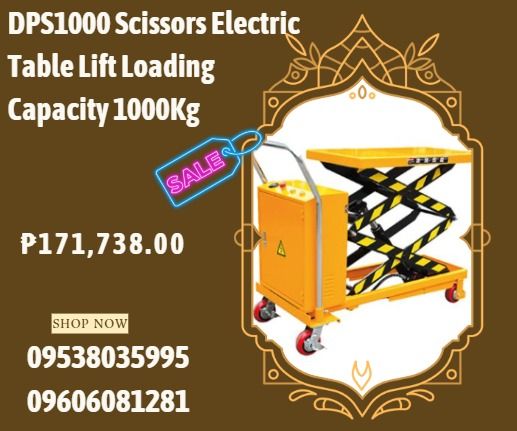DPS1000 Scissors Electric Table Lift Loading Capacity 1000Kg (Category: Home Improvement Tools & Accessories) located in Caloocan City. Submitted by javierchec55656 (Listing ID 1392174378, Image 1). Description: Capacity:1000kg Mini height:500mm Max.height:1700mm Table size:1200*610*50mm Dia of the wheel:φ125mm Voltage:12v Power:1.6kw Battery:120Ah Charger input voltage:220/110v Net weight:140.