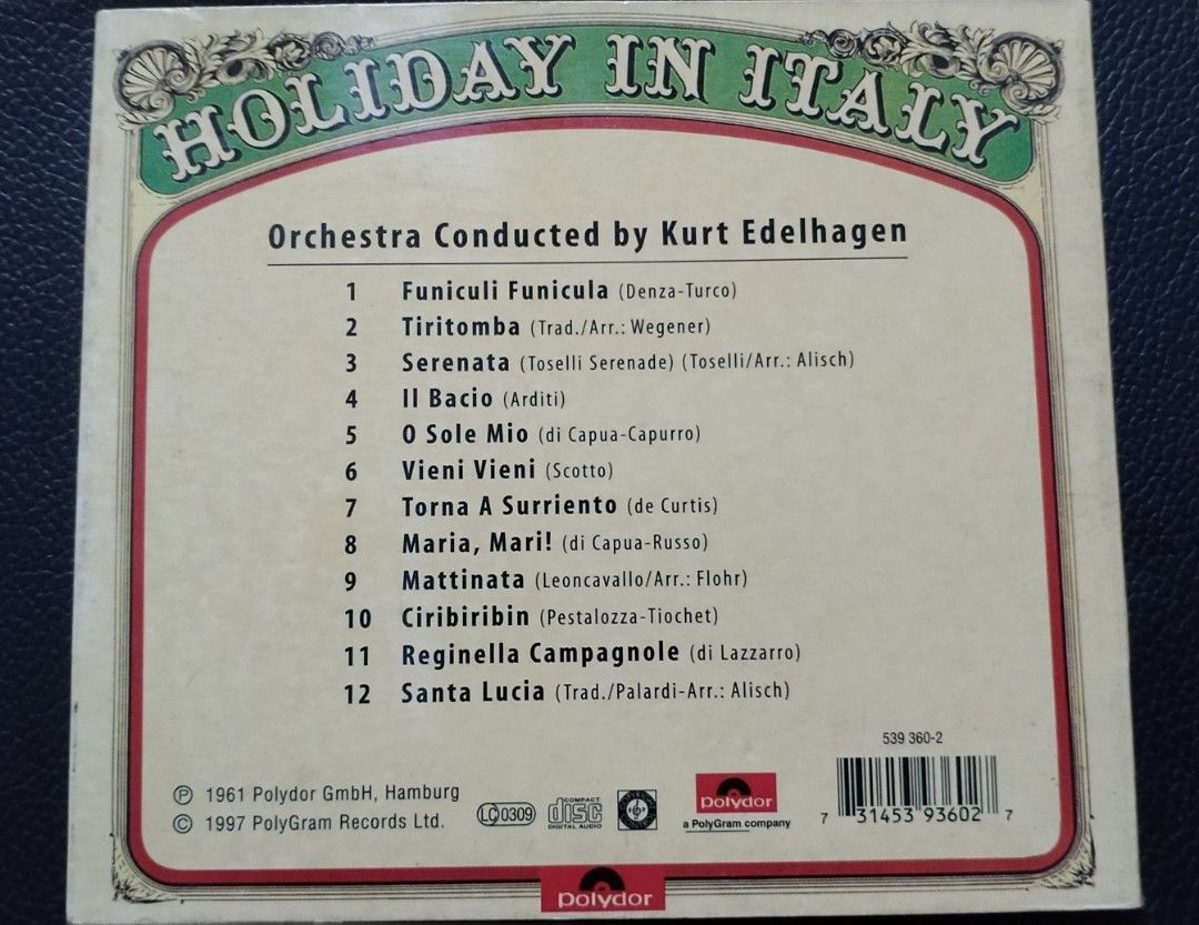 Holiday in Italy (Category: CDs & DVDs) located in Batu Pahat. Submitted by NoorComputer (Listing ID 1392222548, Image 2). Description: Cd Holiday in Italy Polydor press Very nice condition Call pm whatapp 0139975480.