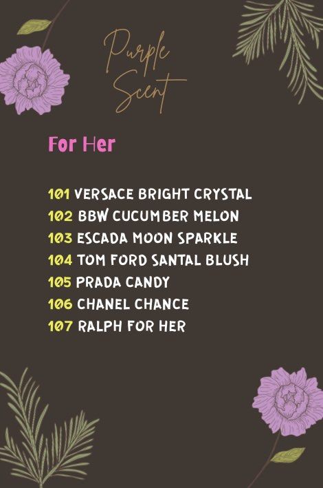 Inspired Perfume (Purple Scent) (Category: Fragrance & Deodorants) located in Cainta. Submitted by lexichoco (Listing ID 1392258309, Image 3). Description: Personally-made for you 30% oil-based perfume Available scents are included in the pictures .