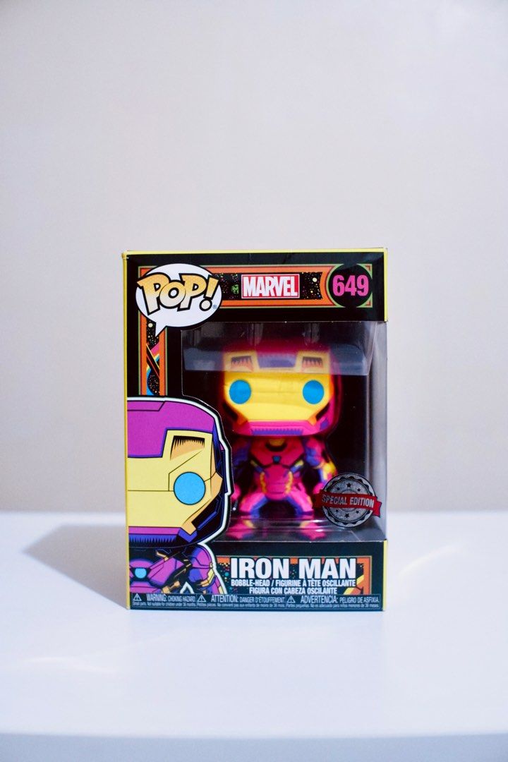 IRON MAN Blacklight Special Edition Funko Pop! (Category: Designer & Blind Box Toys) located in Las Pinas. Submitted by kylecamille (Listing ID 1392183262, Image 1). Description: FOR SALE! Iron Man Blacklight Special Edition (#649) ₱1,000 With protector MOP: GCash/Maya/Bank Transfer Shipping: LBC/J&T/Grab/Lalamove (Fee shouldered by Buyer) Loc.:📍 Las Piñas .