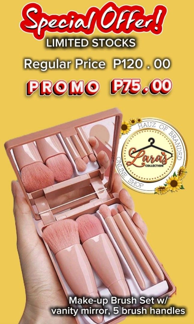 Make-Up Brush set (Category: Face Care) located in Manila. Submitted by larascollection0920 (Listing ID 1392226383, Image 1). Description: #SpecialOffer #LimitedStocks Make-up Brush Set w/vanity mirror, 5 brush handles.. Affordable & Perfect gift ideas! SHIPPING AVAILABLE NATIONWIDE For Orders DM only..