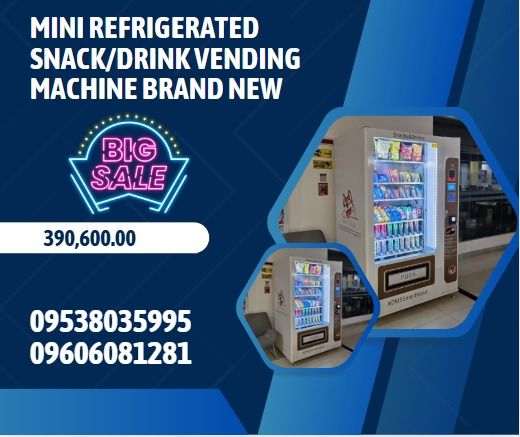 Mini Refrigerated Snack/Drink Vending Machine brand new (Category: Refrigerators and Freezers) located in Caloocan City. Submitted by michealaus73574 (Listing ID 1392216661, Image 1). Description: 1)Color:White (450WATTS) 2)Dimension: Length1220 x Width855 x Height1920 Weight:350KGS 3.With refrigerating unit 4.Capacity:300-500 piece,6 spiral layers .10-wide 5.GPRS wiresless management 6.Free to use Cloudy system for real-time monitoring sales dat