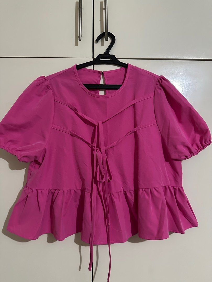 Shein Puff Sleeve Bow Tie Peplum Top (Category: Blouses) located in Quezon City. Submitted by mmstore.ph (Listing ID 1392123039, Image 1). Description: Shein Barbie Pink Blouse Used once XL on tag.