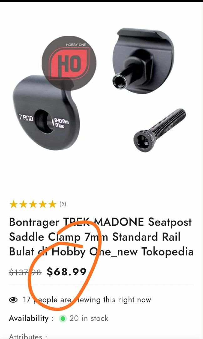 Trek Seat Clamp Ear Oval and Rounded (Category: Bicycles) located in San Fernando. Submitted by nerosales (Listing ID 1392165909, Image 2). Description: Trek Madone Seat Clamp Ear 1 pair for ROUNDED rails 1 pair for OVAL rails 850 pesos only EACH SM City Pampanga Shipping :J&T Payment : Gcash NO COD / NO COP.