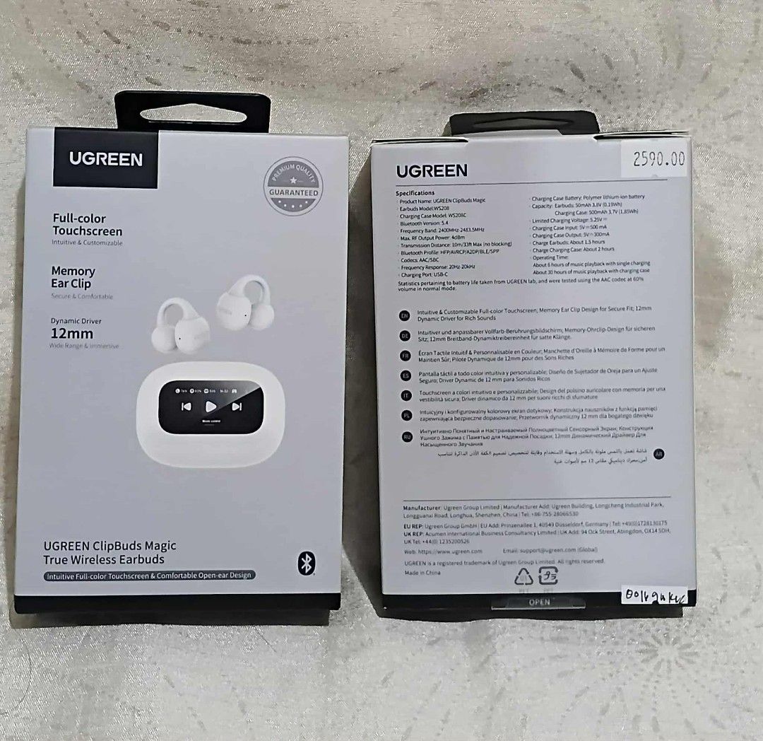 UGREEN ClipBuds Magic True Wireless Earbuds (Category: Earphones) located in Manila. Submitted by chinggayg.190 (Listing ID 1392196860, Image 2). Description: UGREEN ClipBuds Magic True Wireless Earbuds with Full-color Touchscreen. Features include customizable controls, memory ear clips for secure fit, and dynamic 12mm drivers for rich sound..