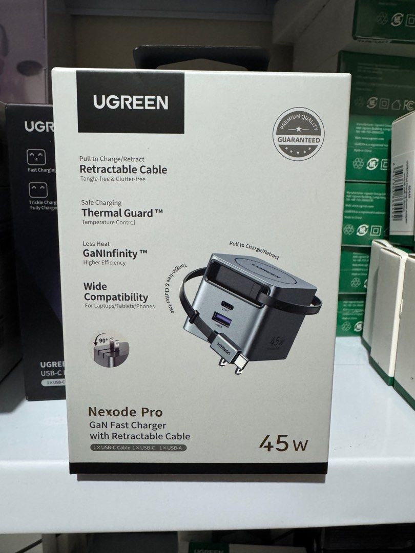 Ugreen Nexode Pro 45W 1xUSB-C + 1xUSB-A GaN Fast Charger with Type-C Retractable Cable (Category: Chargers & Cables) located in Makati City. Submitted by jc.cuerdo (Listing ID 1392157852, Image 1). Description: With Built-in Cable, Yet Smaller: This UGREEN 45W USB-C 3-Port charger has a Type-C retractable charging cable. Its size is about 30% smaller than original 45W chargers, making it easy to slip into pockets or bags, perfect for business tri