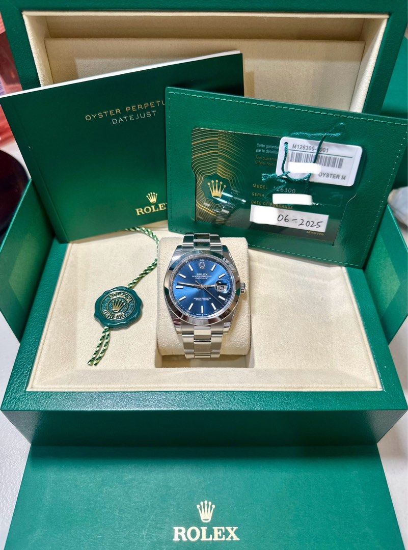 2025 Rolex Datejust 41mm Blue 126300 (Category: Luxury Watches) located in Manila. Submitted by hourglassgalleryph (Listing ID 1392376243, Image 2). Description: For Sale/ Trade : 🏷️ ₱555k only! - still negotiable 2025 Rolex Datejust 41mm Blue Smooth Oyster Ref no. 126300 Brand New cond. 10/10 - Resized only by AD PPF installed since Day 1 Dated 2025/06 Warranty until 2030/06 Complete Set w/ Purchase Receipt Full Links Open for Authentication. G