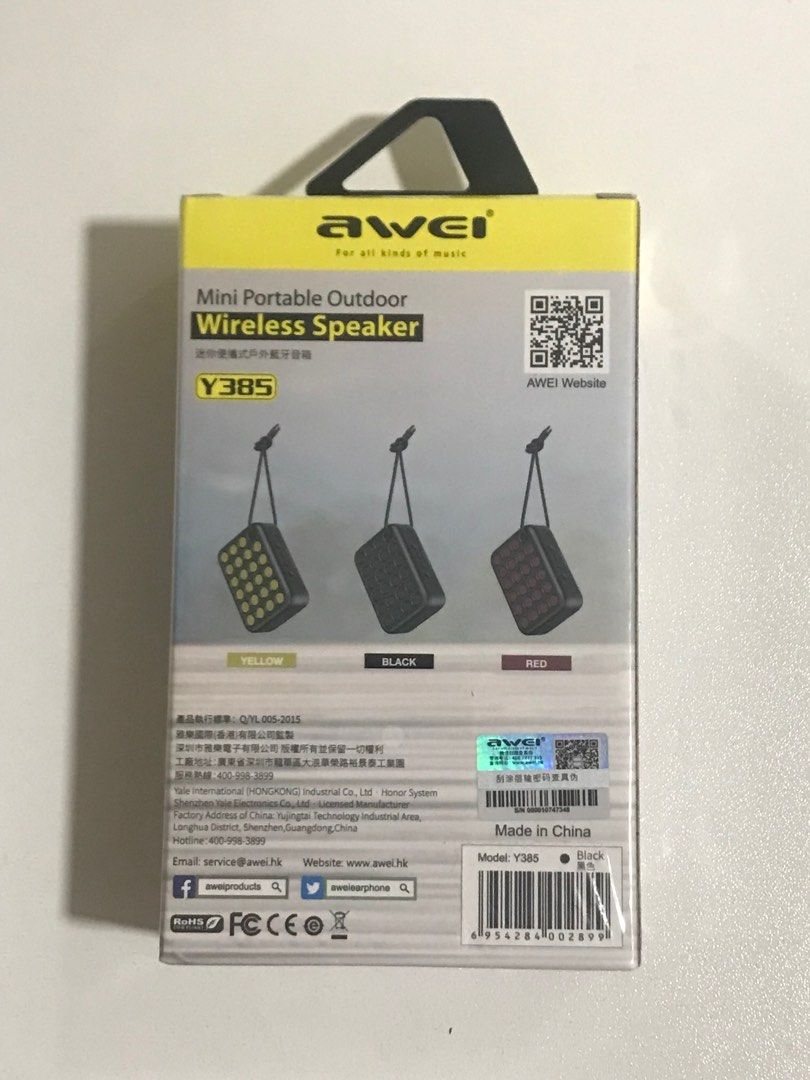Awei Wireless Portable Outdoor Bluetooth Speaker (Category: Soundbars, Speakers & Amplifiers) located in Pasay City. Submitted by kkalien (Listing ID 1392413709, Image 2). Description: Awei Wireless Portable Outdoor Bluetooth Speaker Model: Y385 Color: Black Bluetooth version: 5.0 (Jieli chip) Functions: flashing lights, FM Speaker power: 4W Battery capacity: 500mAh Charging time: 1.5-2h Play time: 5-6h (70% volume) 2 speakers can be connected in
