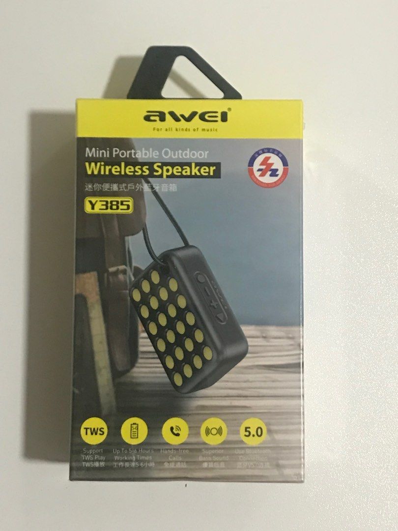 Awei Wireless Portable Outdoor Bluetooth Speaker (Category: Soundbars, Speakers & Amplifiers) located in Pasay City. Submitted by kkalien (Listing ID 1392413709, Image 1). Description: Awei Wireless Portable Outdoor Bluetooth Speaker Model: Y385 Color: Black Bluetooth version: 5.0 (Jieli chip) Functions: flashing lights, FM Speaker power: 4W Battery capacity: 500mAh Charging time: 1.5-2h Play time: 5-6h (70% volume) 2 speakers can be connected in