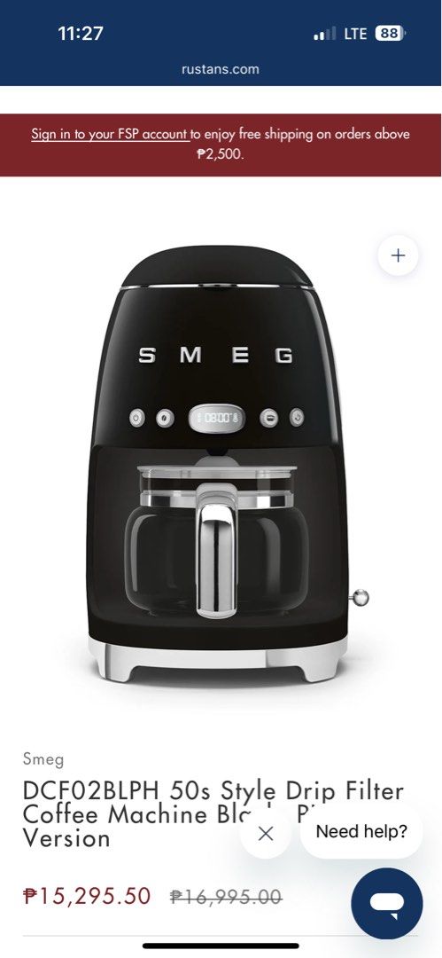 BRAND NEW SMEG Drip Filter Coffee Maker (Category: Coffee Machines & Makers) located in San Juan City. Submitted by queentavia (Listing ID 1392326578, Image 3). Description: Received as a wedding gift from Rustans. RFS: We already have an espresso machine. DCF02BLPH 50s Style Drip Filter Coffee Machine Black, PH Version THE DETAILS Coffee machine 10-Cup Capacity and 1.4L water tank Comes with a Permanent & Washable Filter, and Coffee Scoop Auto-S